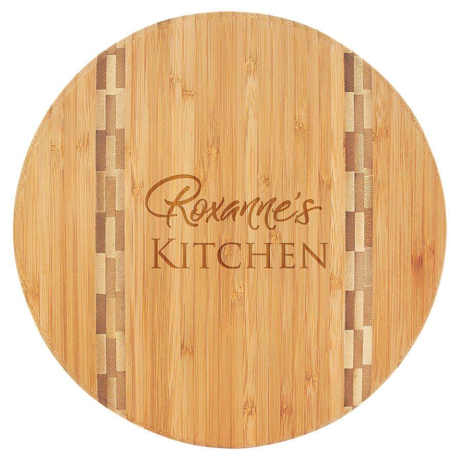 9 3/4" Round Bamboo Cutting Board with Butcher Block Inlay - Perfect Etch