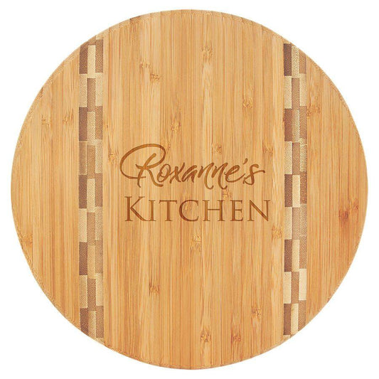 9 3/4" Round Bamboo Cutting Board with Butcher Block Inlay - Perfect Etch
