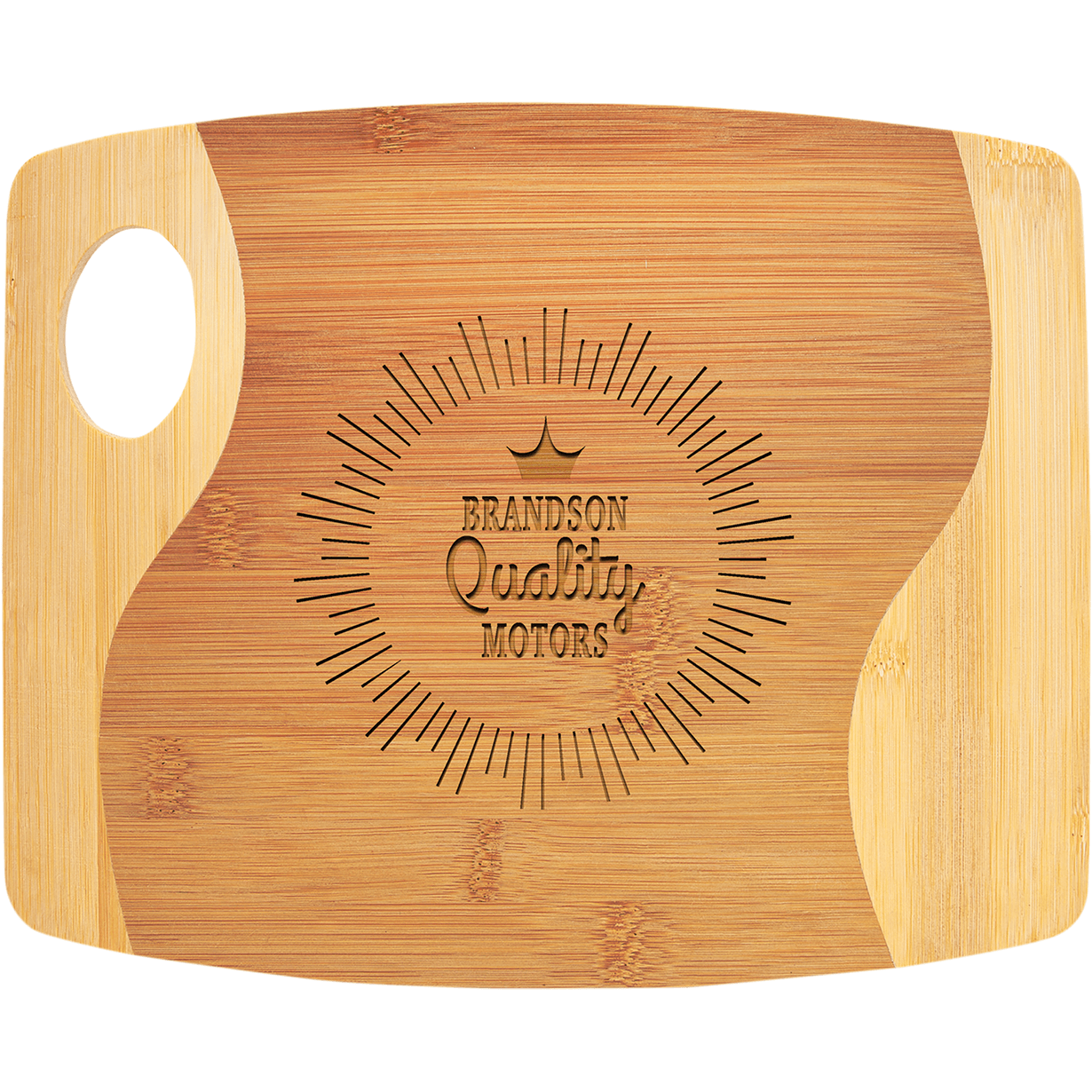 Bamboo Two Tone Cutting Board with Handle - 9" x 11" Dimensions - Perfect Etch